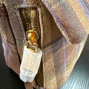 Aime Leon Dore Brown Plaid Fabric Crossbody Bag with Gold Hardware.